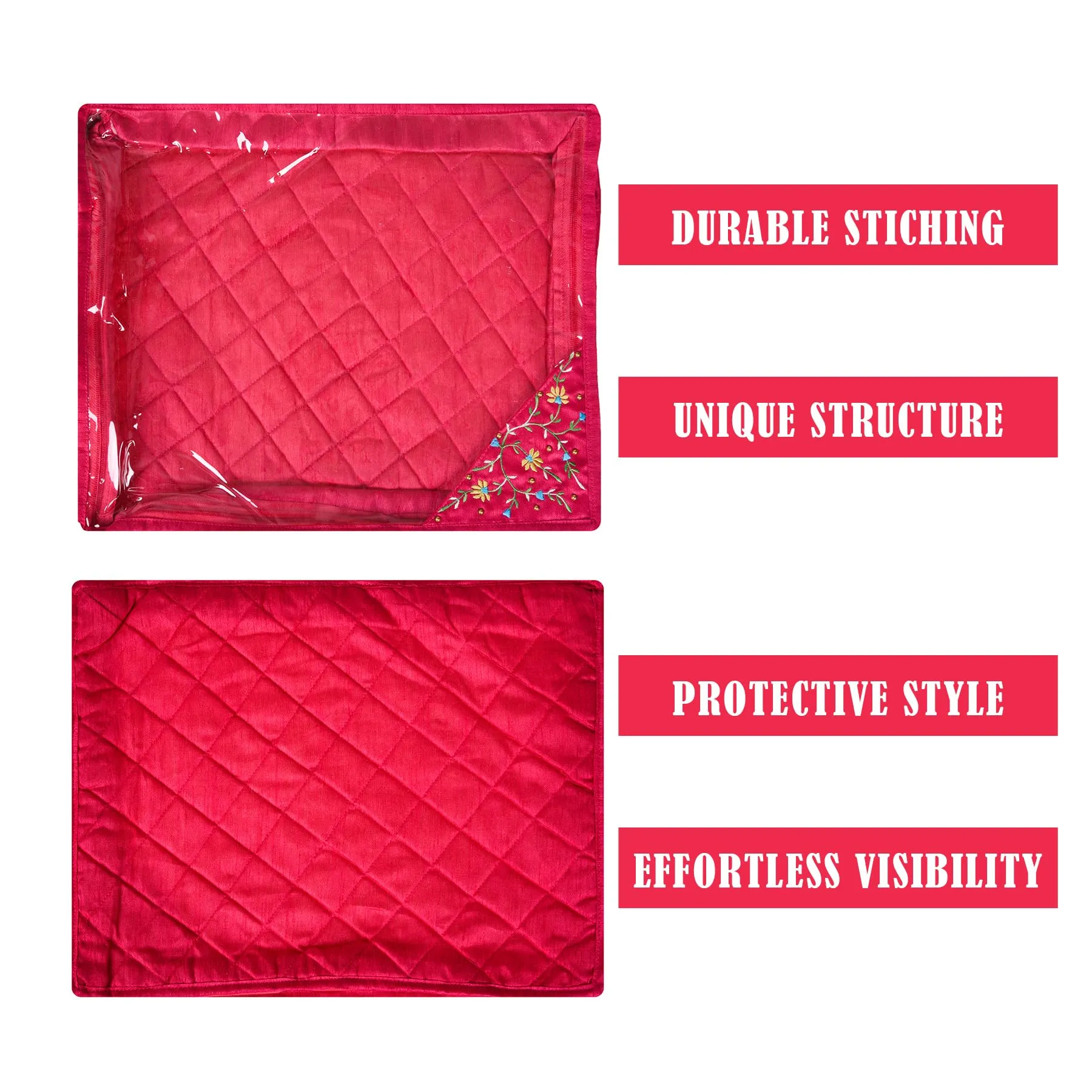 Kuber Industries Saree Cover | Clothes Storage Bag | Suit Packing Cover | Cloth Stoarge Organizer | Wardrobe Cloth Storage Organiser with Zip | Side Embroidery-Design | 3 Inch | Pack of 12 | Pink