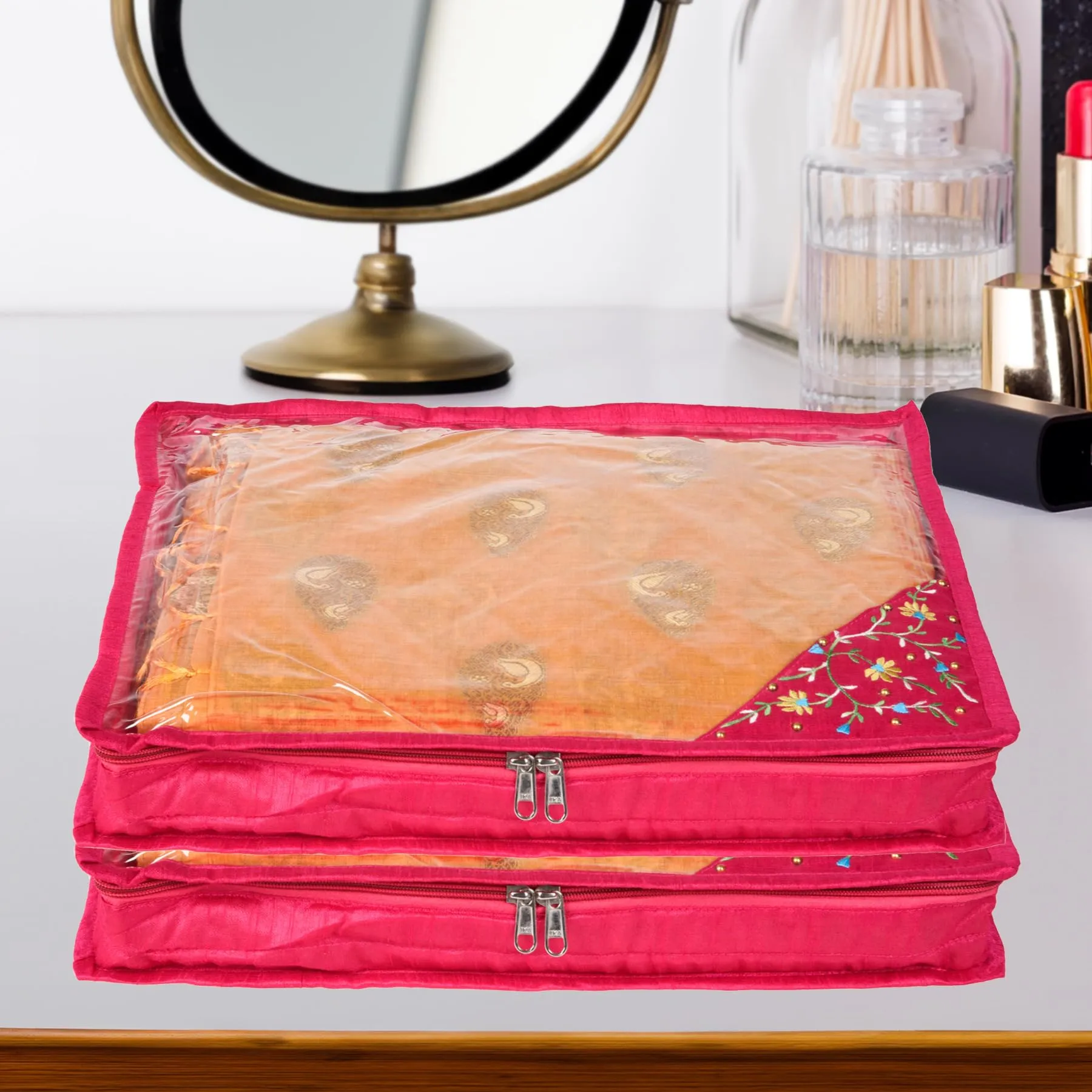 Kuber Industries Saree Cover | Clothes Storage Bag | Suit Packing Cover | Cloth Stoarge Organizer | Wardrobe Cloth Storage Organiser with Zip | Side Embroidery-Design | 3 Inch | Pack of 12 | Pink