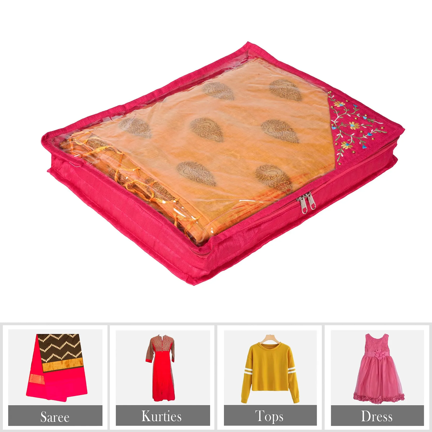 Kuber Industries Saree Cover | Clothes Storage Bag | Suit Packing Cover | Cloth Stoarge Organizer | Wardrobe Cloth Storage Organiser with Zip | Side Embroidery-Design | 3 Inch | Pack of 12 | Pink