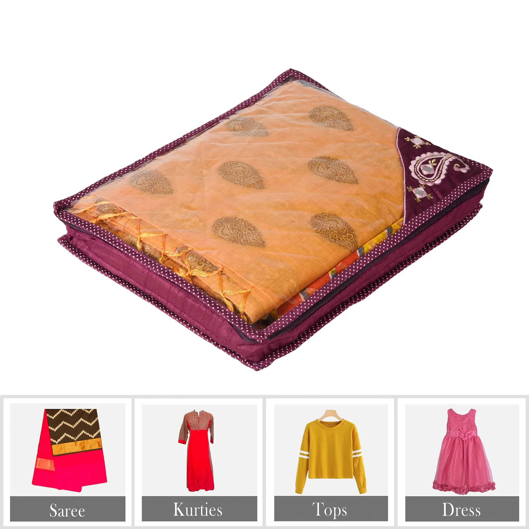 Kuber Industries Saree Cover | Clothes Storage Bag | Suit Packing Cover | Cloth Stoarge Organizer | Wardrobe Cloth Storage Organiser with Zip | Side Embroidery-Design | 3 Inch | Pack of 6 | Purple