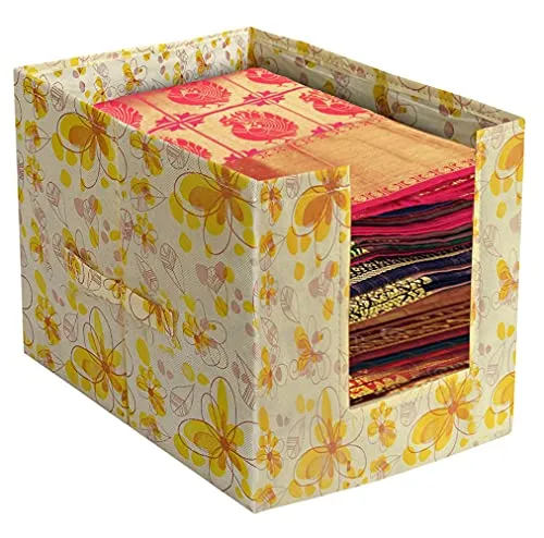 Kuber Industries Women's Rectangular Saree Organizer for Wardrobe/Closet Storage Box and Clothing Organiser Clothes with Flower Design- Pack of 3 (Yellow)