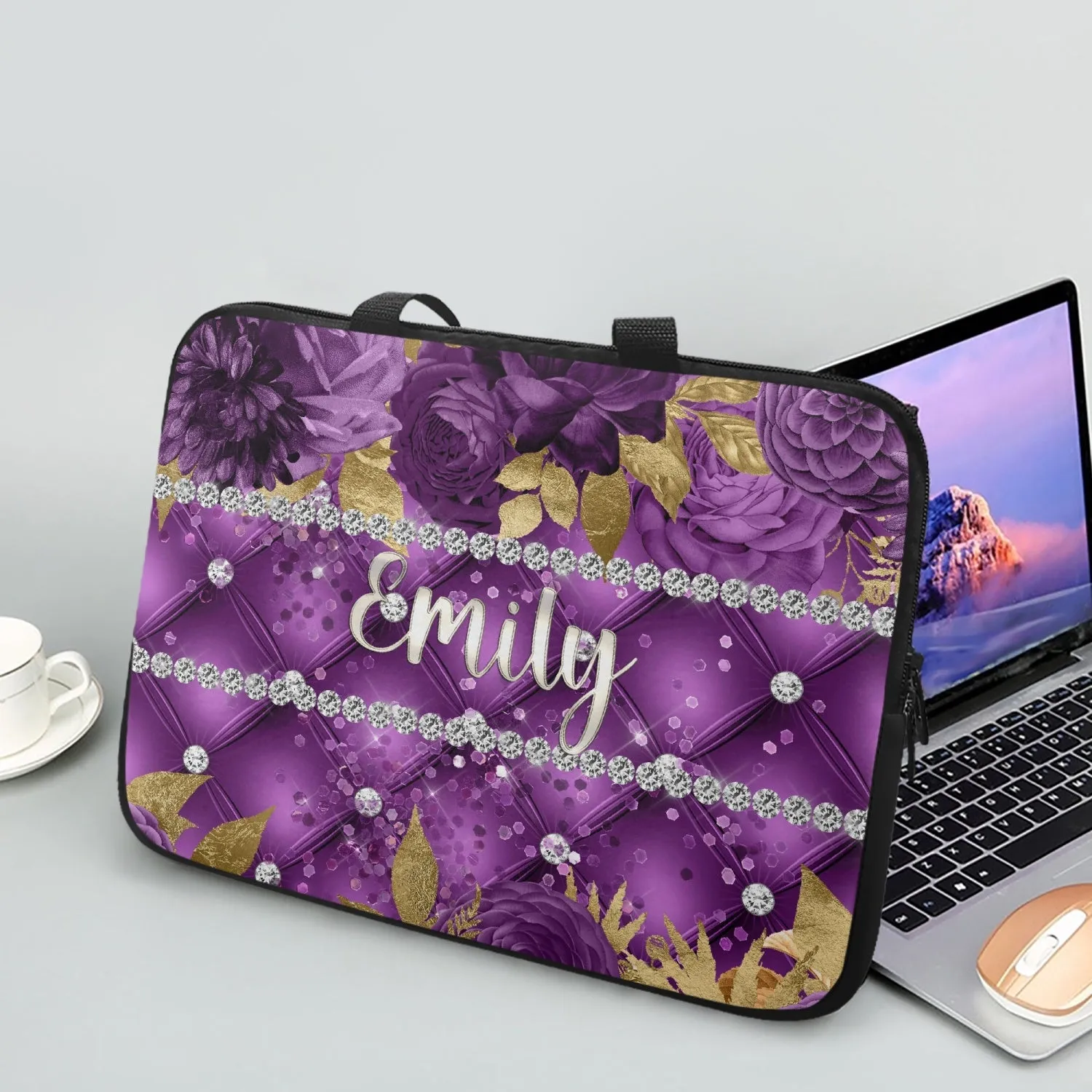 Laptop Sleeve with handles - Purple Floral - Personalised