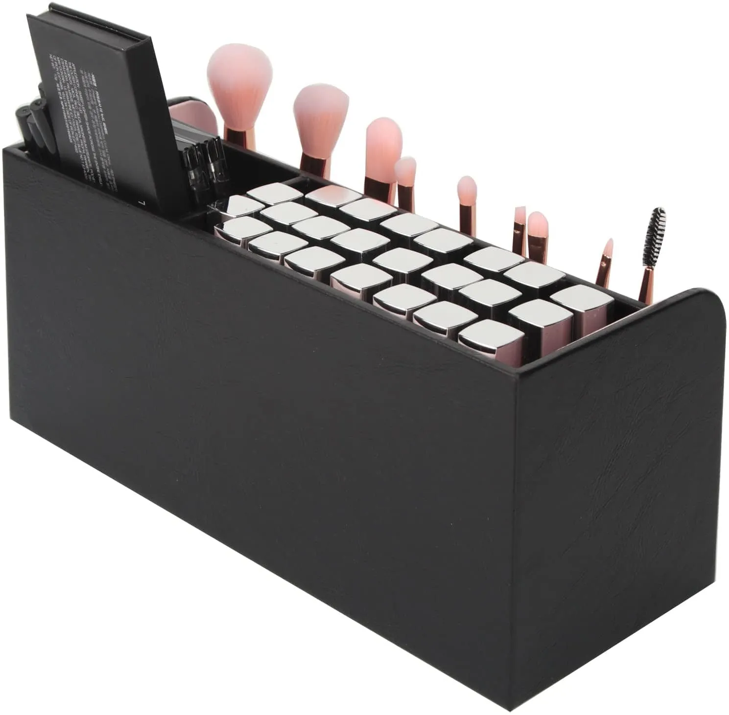 Leather Makeup Brush Cosmetic Organiser Storage Box with Pink Pearls, Acrylic Cover and 3 Compartments(Black)