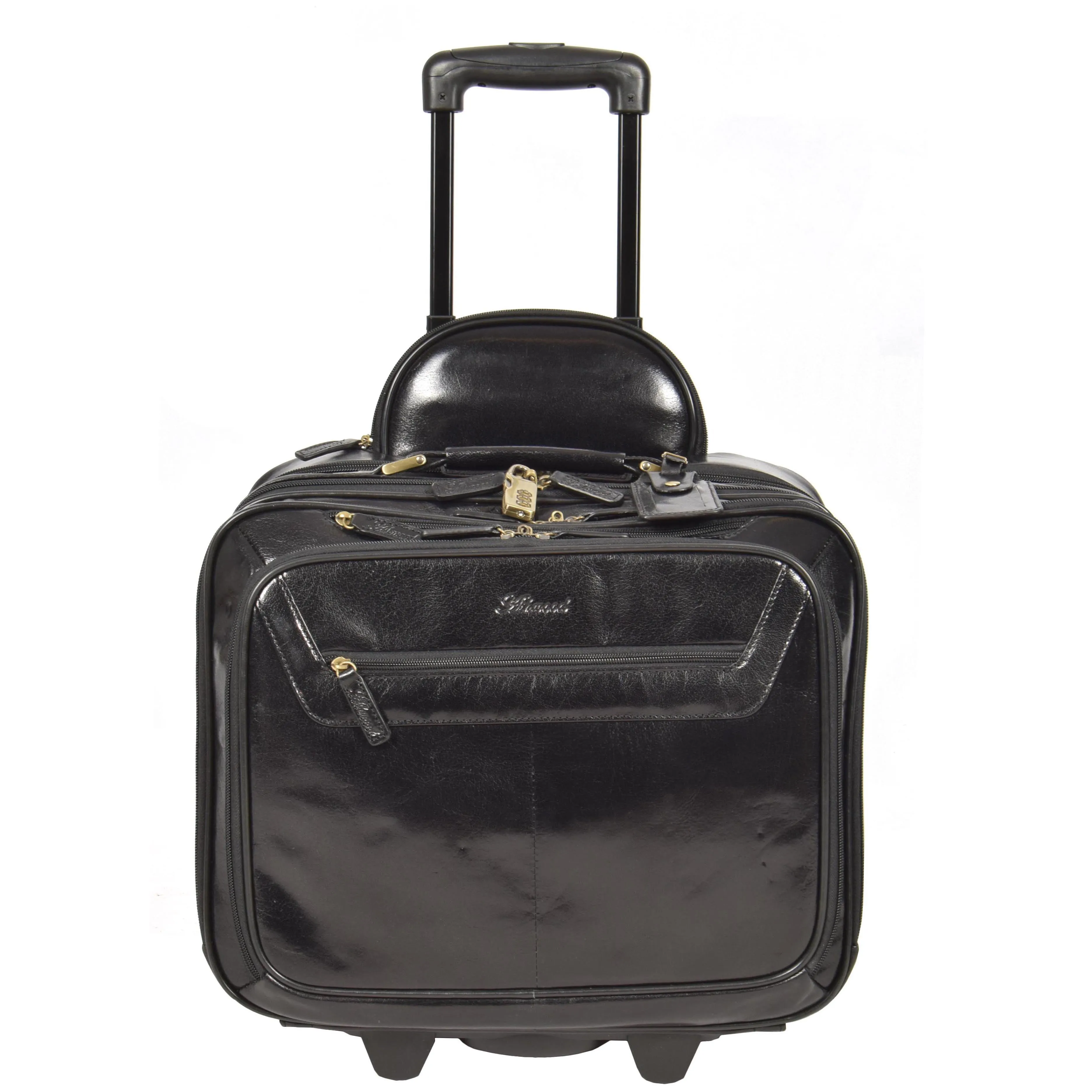 Leather Pilot Case Travel Laptop Bag Wheels HOL15 Black