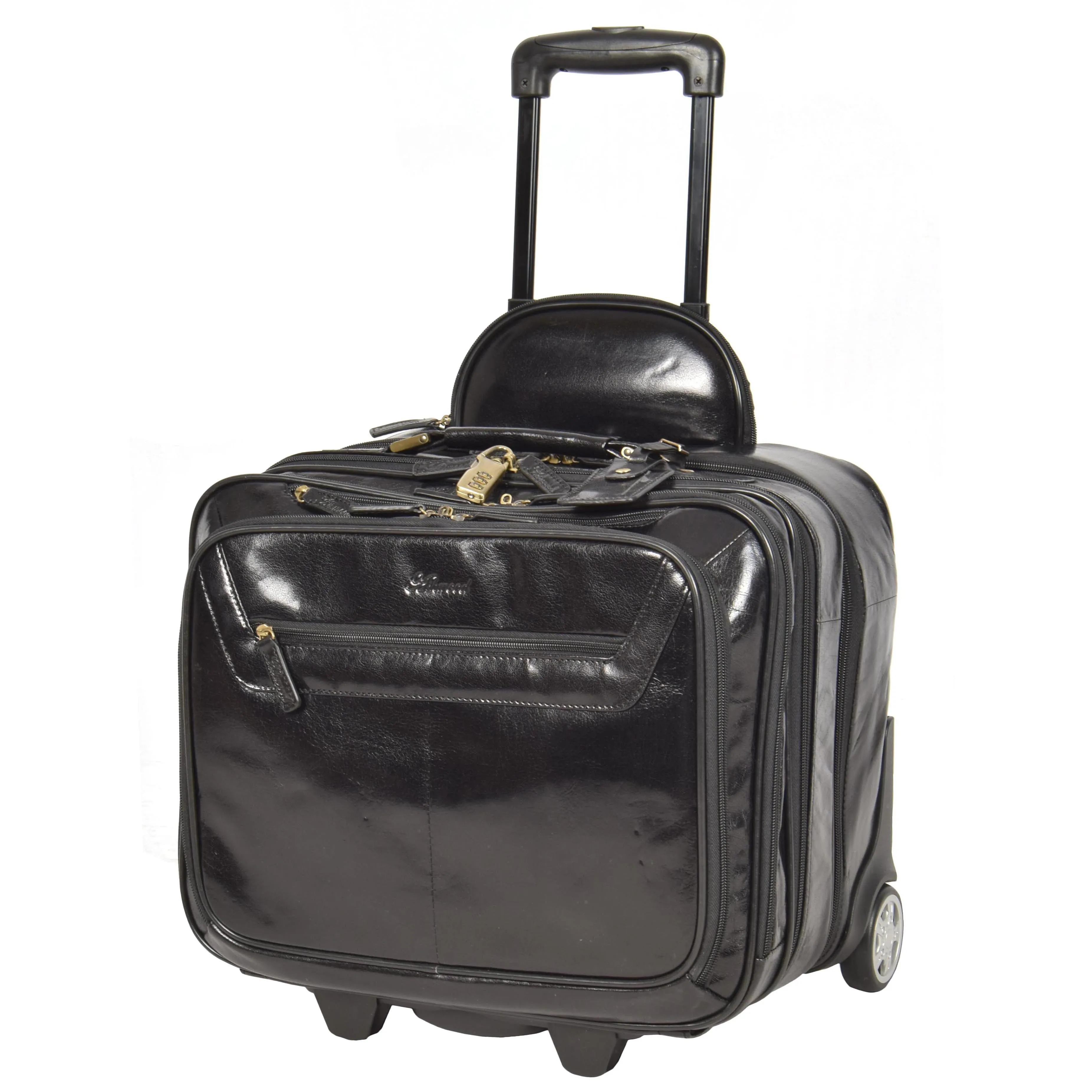 Leather Pilot Case Travel Laptop Bag Wheels HOL15 Black