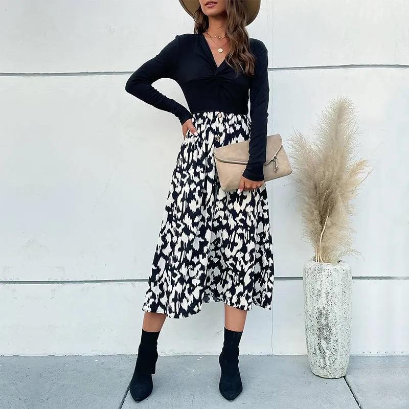 Leopard Contrast V-neck Twisted Buttoned Midi Dress