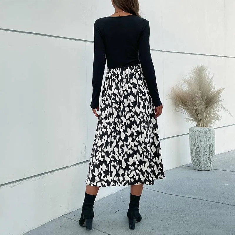 Leopard Contrast V-neck Twisted Buttoned Midi Dress