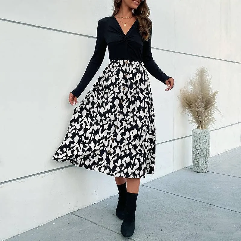 Leopard Contrast V-neck Twisted Buttoned Midi Dress