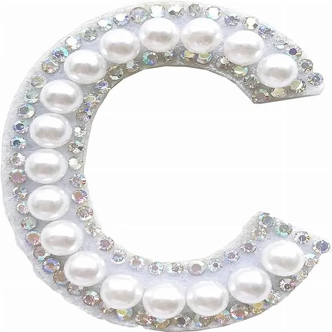 Letter C White Pearl Rhinestone Hot fix Or Sew Patch