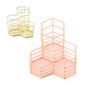 Makeup Brush Holder Hexagon Vase Metal Mesh Basket Desk Organizer Wire Golden Pen Pencil Hot Hollow Holder Beauty Makeup Kit