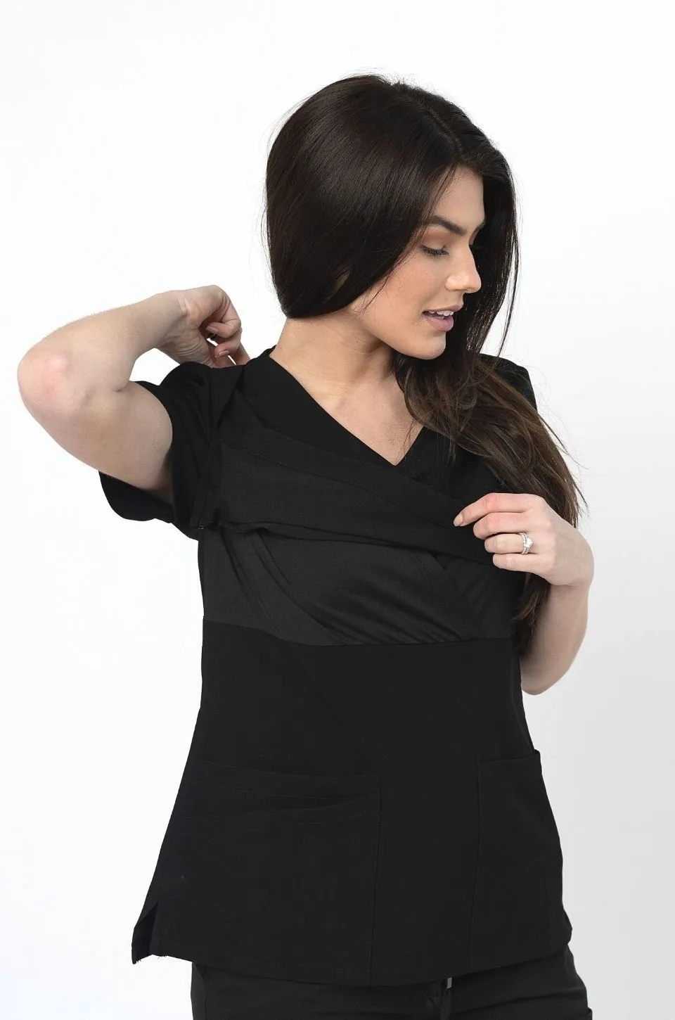 Nursing Scrubs Top For Breastfeeding- Black