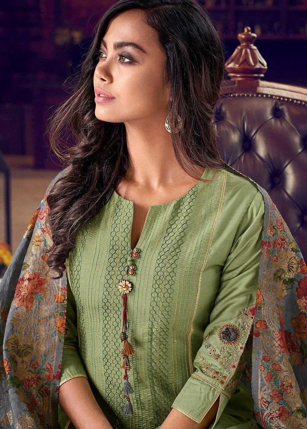 Pant Style Splendid Green Embroidered Designer Suit