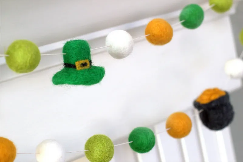 Pot of Gold & Leprechaun St. Patrick's Day Felt Ball Garland- Gold, Green