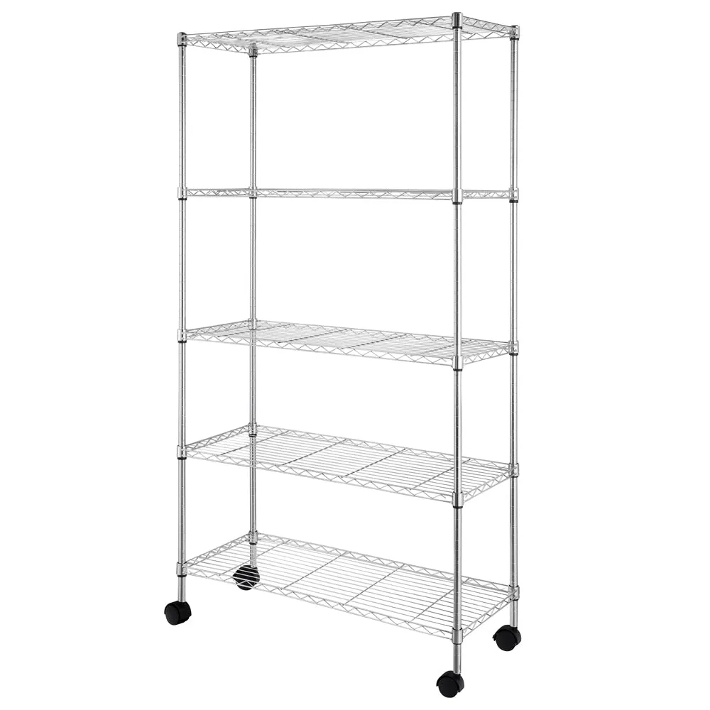 RONSHIN 5-Layer Iron Shelf with 1.5" Smooth Wheels Chrome Plated Storage Rack Organizer