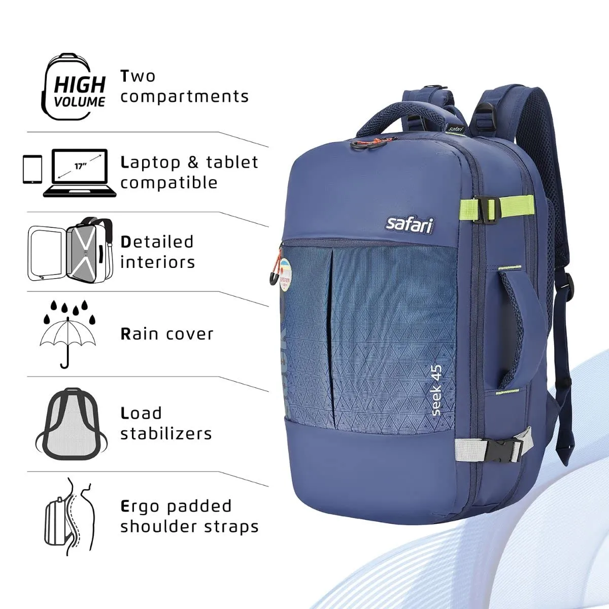 Safari Seek 45 Ltrs Expandable and Water Resistant Overnighter Travel Laptop Backpack with RainCover- Ideal for Travelling and Camping, Business & Travel- Blue