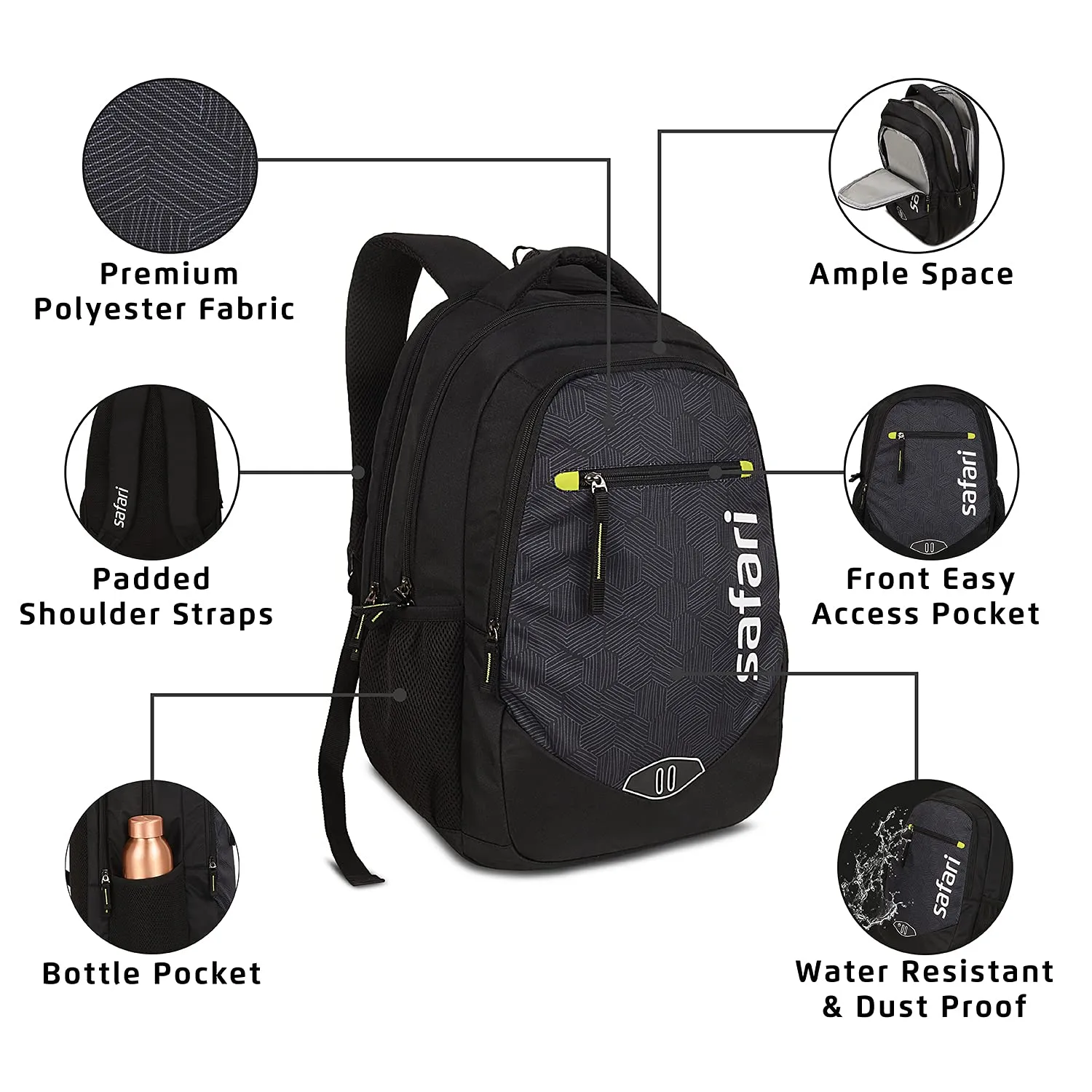 Safari Tribe 35 Ltrs Large Laptop Backpack with 3 Compartments, Water Resistant Fabric - Black (TRIBE19CBBLK)