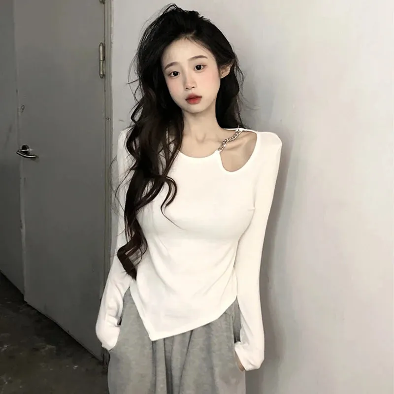 Sexy Irregular Hollow Out Chain Female T-shirts Chic Solid Color Fashion Streetwear Long Sleeve O-neck Women Blouses