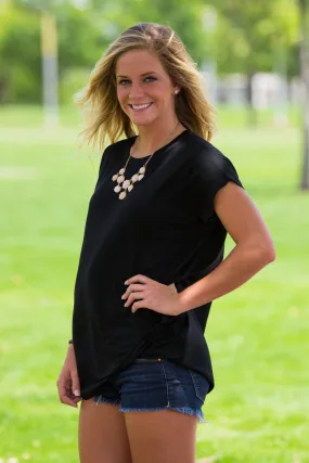 Short Sleeve Rolled Sleeve Piko Top - Black