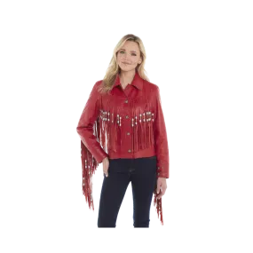 Sidran Women's Hand Laced Snap Front Nappa Beading And Bone Pipe Fringe Accents Cardinal Jacket