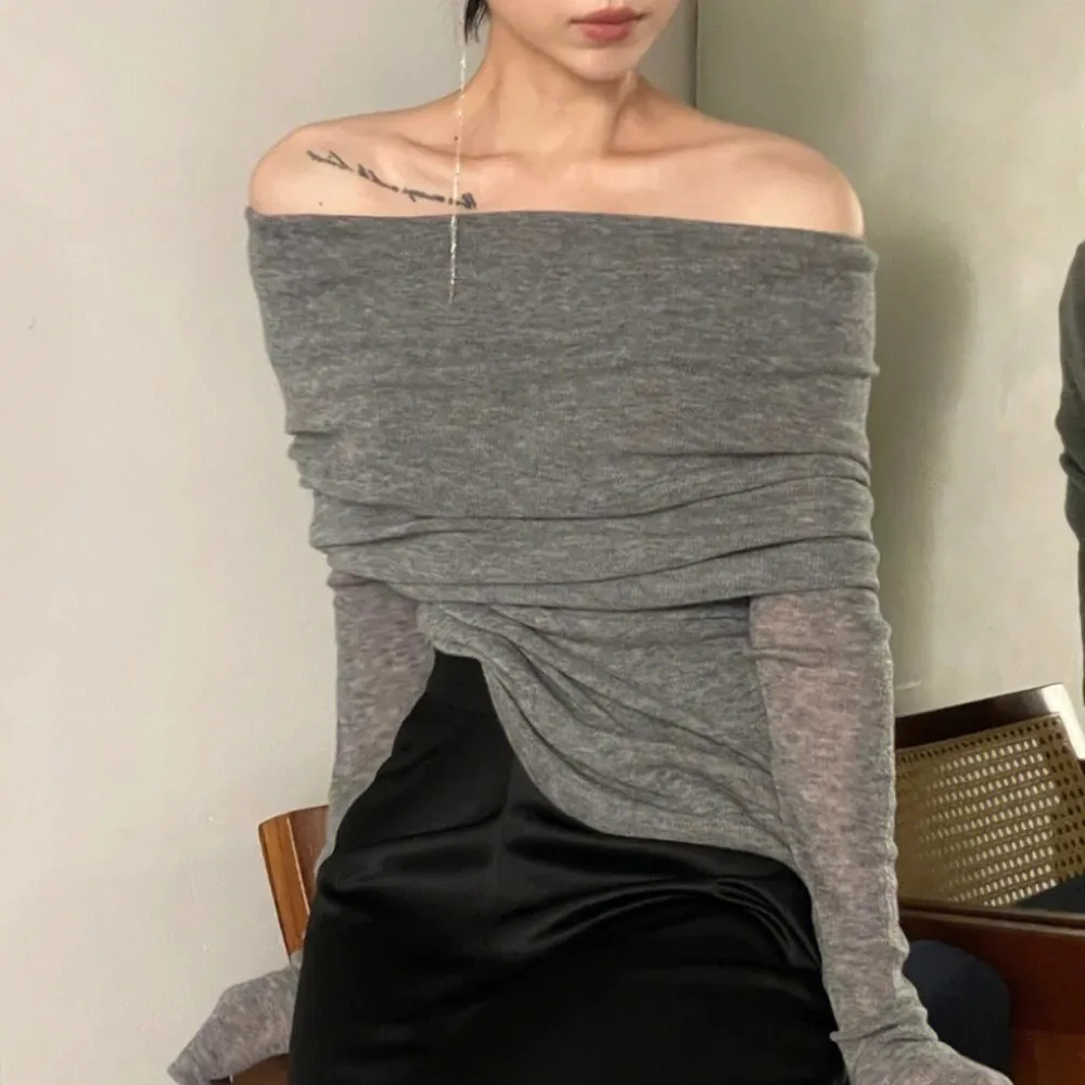 Slim Knitting Sweater For Women Slash Neck Long Sleeve Solid Minimalist Pullover Female Clothing Fashion