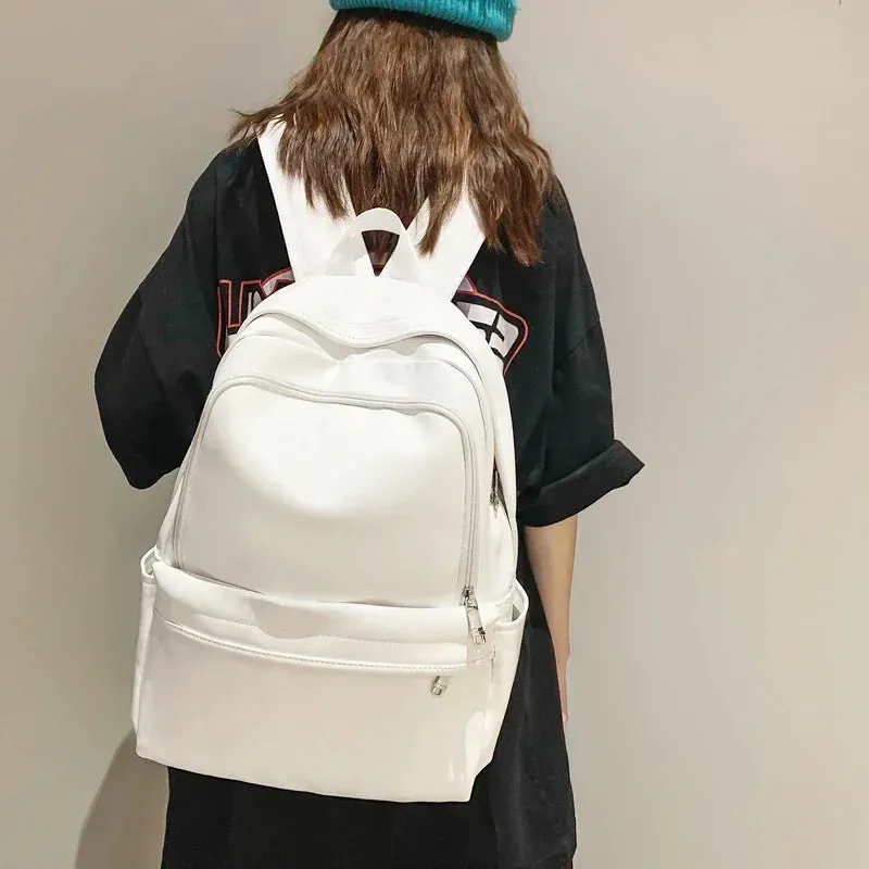 Sohiwoo Quality PU Leather Fashion Women Backpack Large Capacity Men Casual Laptop Backpack Korean Version College Student School Bag