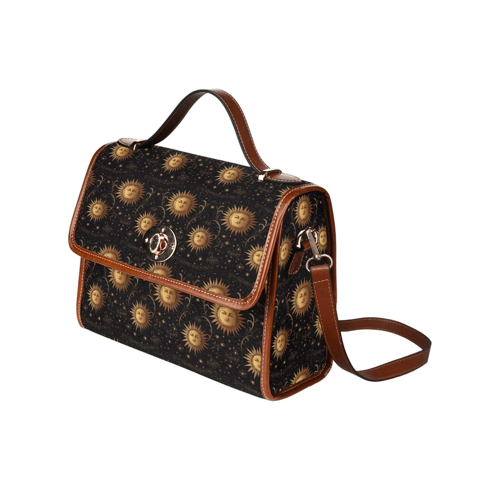 Sun Canvas Satchel bag, Retro Planets Space Stars Vintage Waterproof Brown Cute Women Crossed Body Purse Vegan Leather Strap Handbag