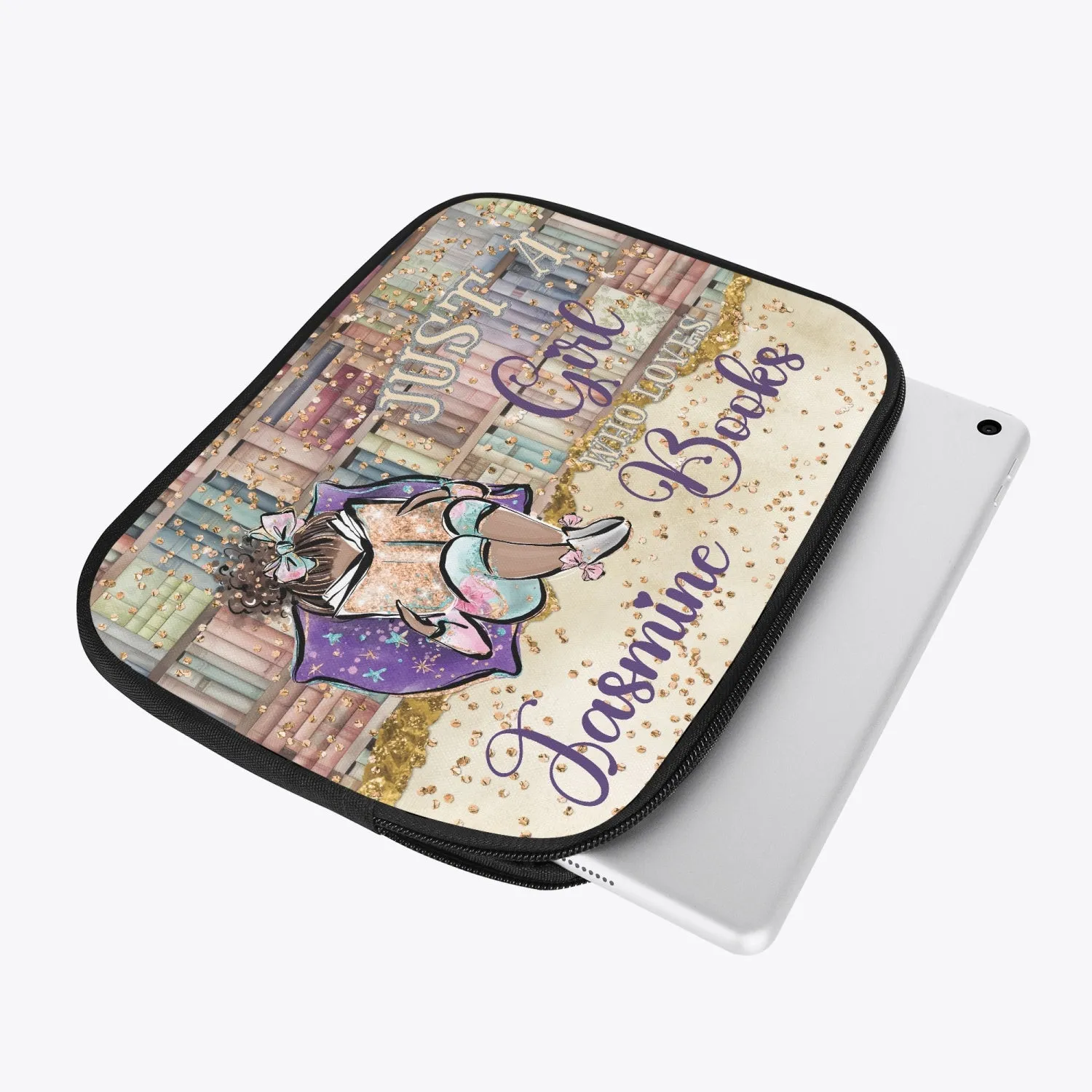 Tablet Sleeve - Just a Girl Who Loves Books, Brunette Hair, Olive Skin