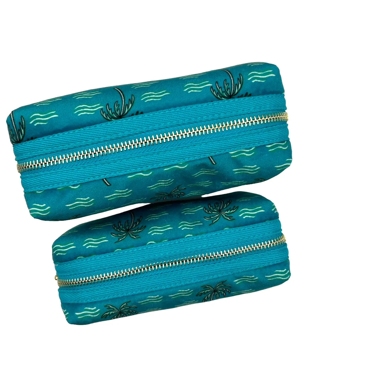 Teal palm tree make-up bag - recycled velvet, large and small