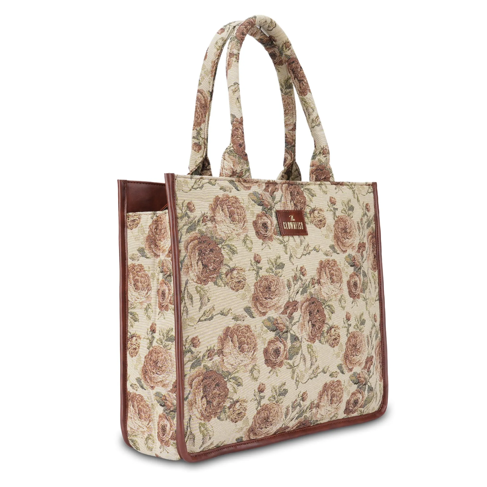 THE CLOWNFISH Ambrosia Series Tapestry Fabric 14 inch Laptop Bag Handbag For Women Box Bag Tote Office Bag (Brown-Floral)