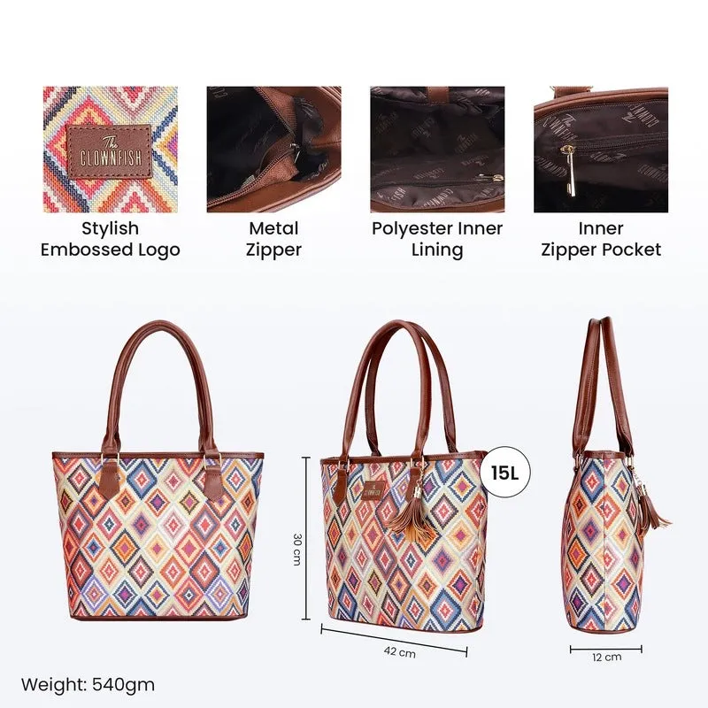 THE CLOWNFISH Aviva Printed Handicraft Fabric Handbag for Women Office Bag Ladies Shoulder Bag Tote for Women College Girls (Multicolour-Diamond Design)