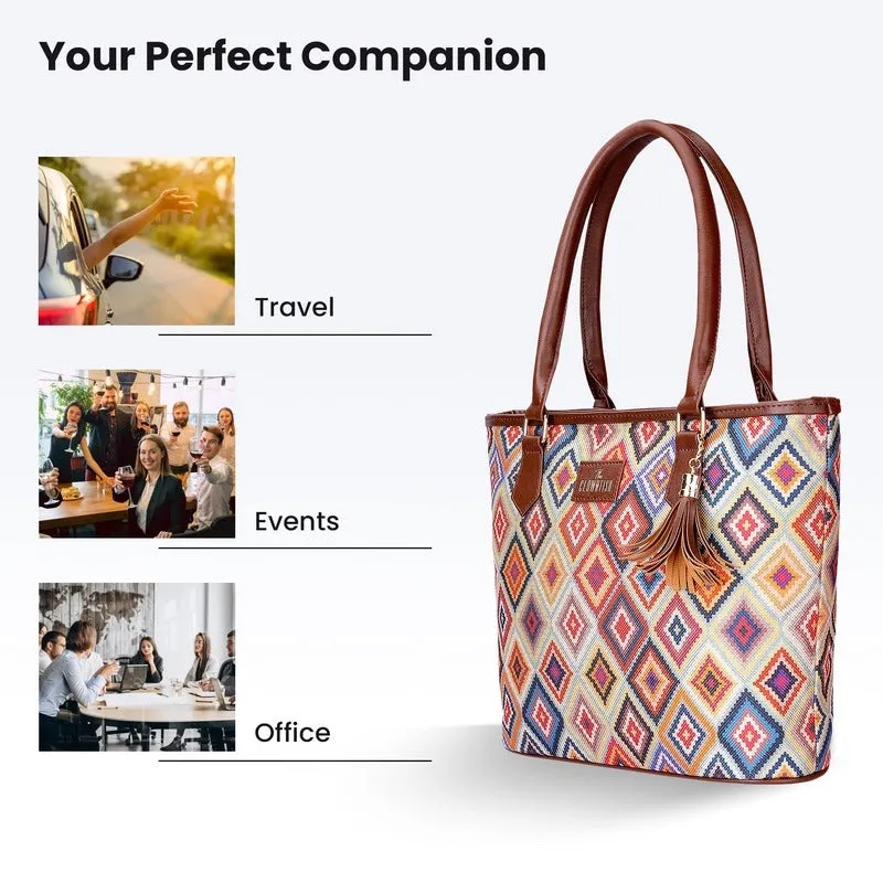 THE CLOWNFISH Aviva Printed Handicraft Fabric Handbag for Women Office Bag Ladies Shoulder Bag Tote for Women College Girls (Multicolour-Diamond Design)