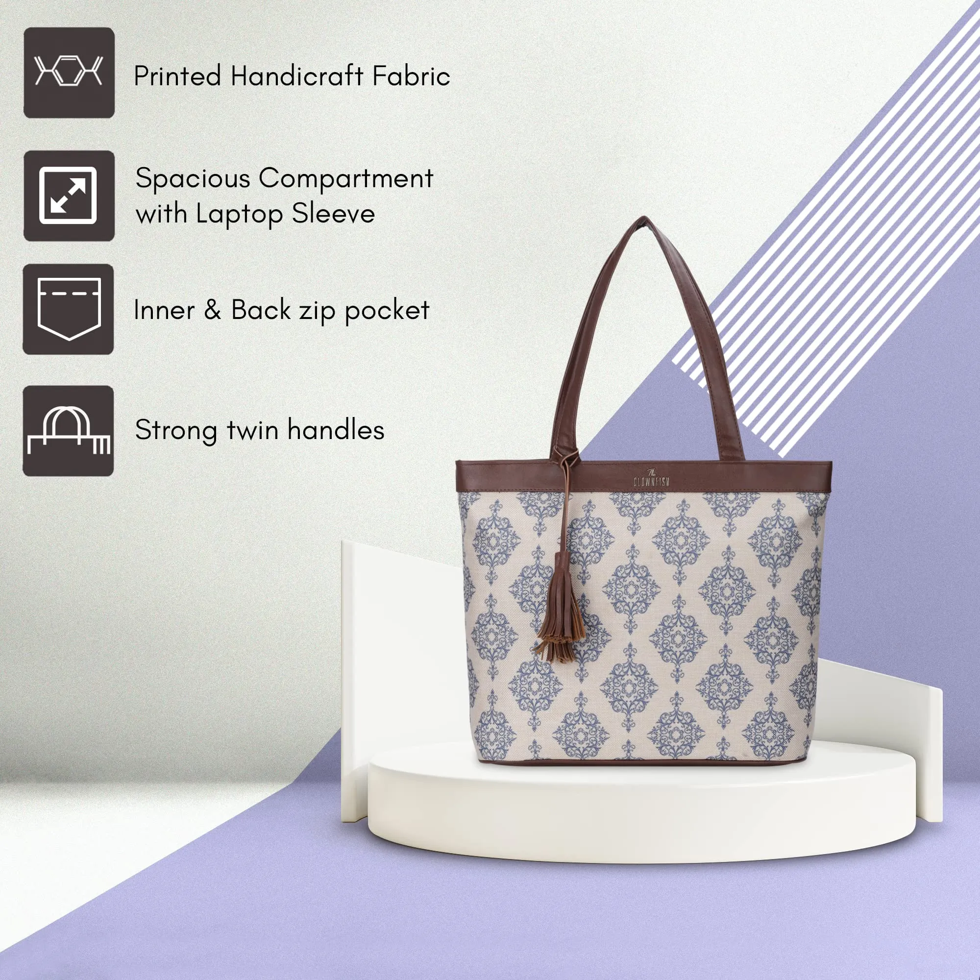 The Clownfish Casey Series 15.6 inch Laptop Bag for Women Printed Handicraft Fabric & Faux Leather Office Bag Briefcase Hand Messenger Bag Tote Business Bag (Off White)