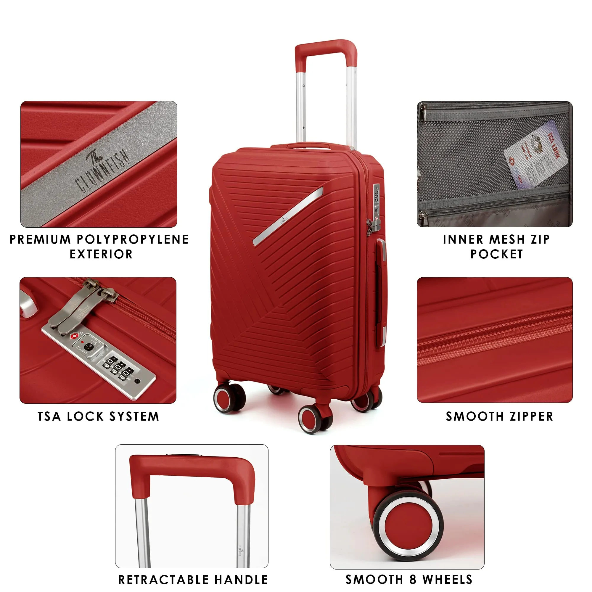 THE CLOWNFISH Combo of 2 Denzel Series Luggage Polypropylene Hard Case Suitcases Eight Wheel Trolley Bags with TSA Lock- Red (Medium 66 cm-26 inch, Small 56 cm-22 inch)