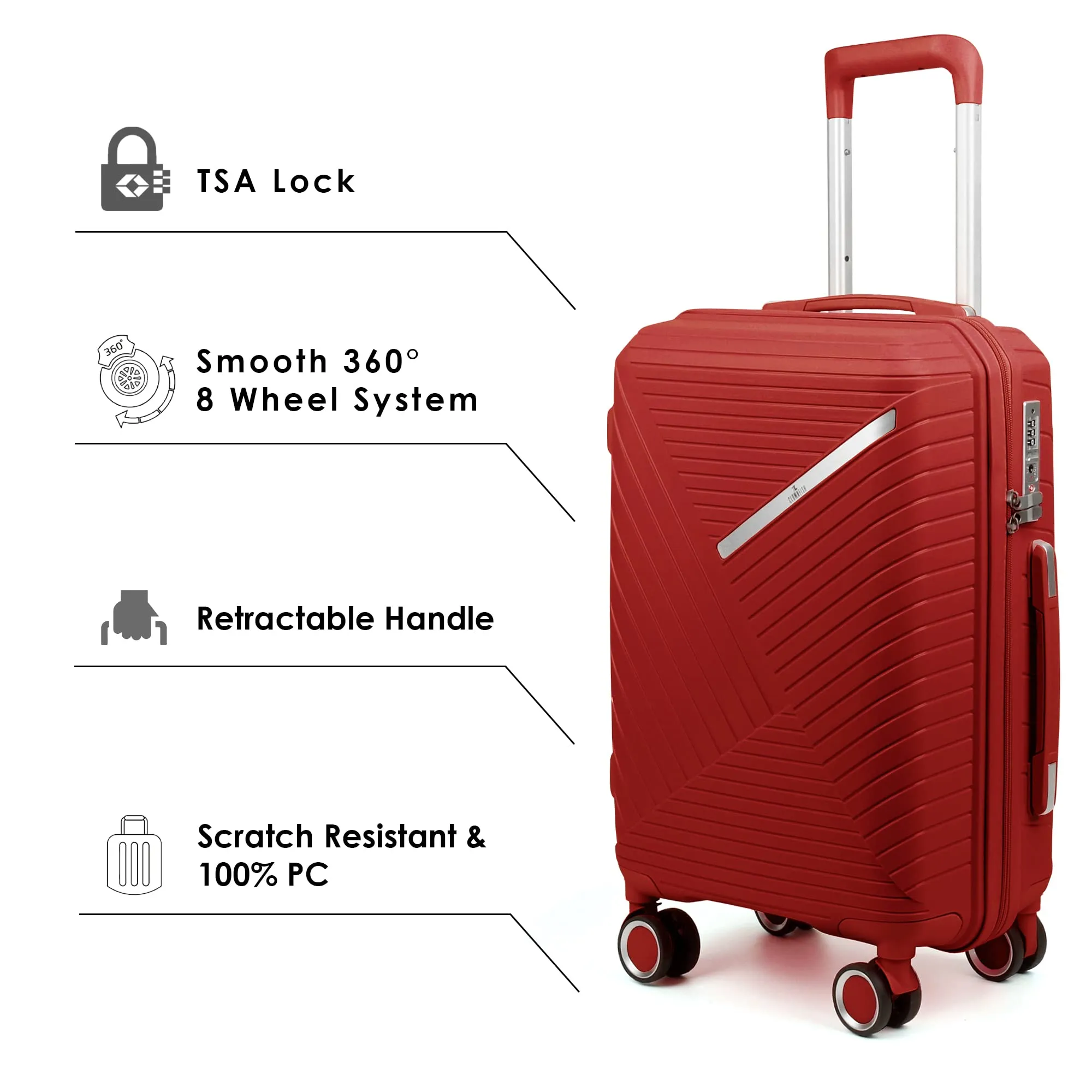 THE CLOWNFISH Combo of 2 Denzel Series Luggage Polypropylene Hard Case Suitcases Eight Wheel Trolley Bags with TSA Lock- Red (Medium 66 cm-26 inch, Small 56 cm-22 inch)