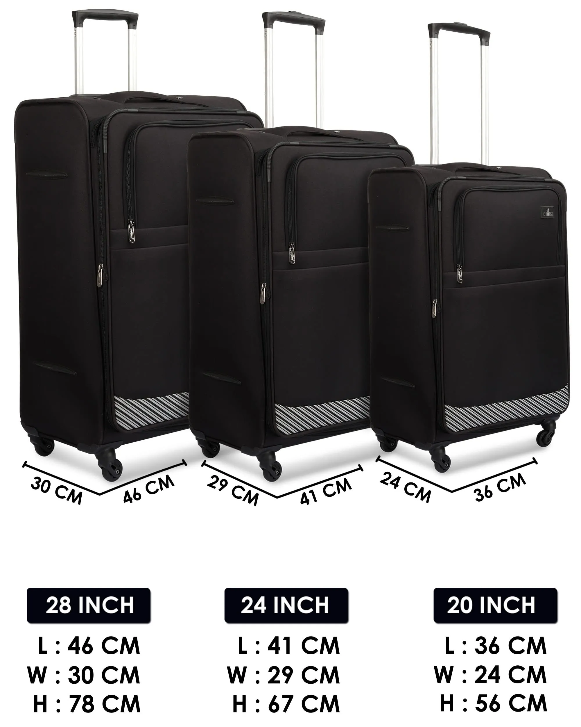 THE CLOWNFISH Combo of 3 Sydney Luggage Polyester Soft Case Suitcases Varied Sizes Four Wheel Trolley Bags - Black (56 cm, 67 cm, 78 cm)