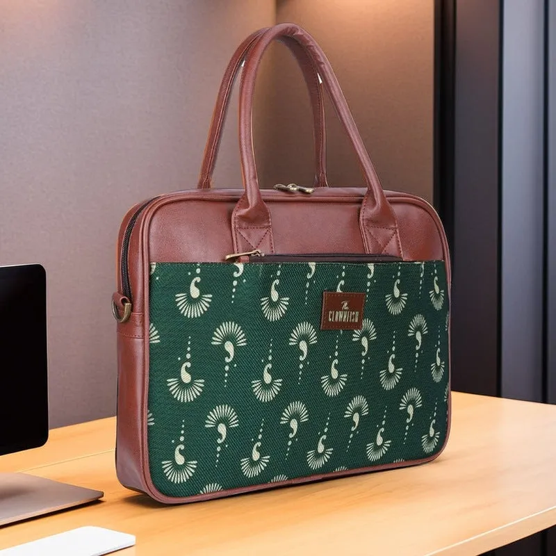 THE CLOWNFISH Deborah series 15.6 inch Laptop Bag For Women Printed Handicraft Fabric & Faux Leather Office Bag Briefcase Messenger Sling Handbag Business Bag (Bottle Green)