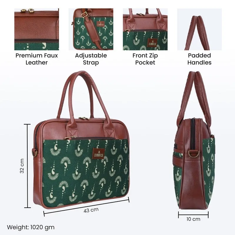 THE CLOWNFISH Deborah series 15.6 inch Laptop Bag For Women Printed Handicraft Fabric & Faux Leather Office Bag Briefcase Messenger Sling Handbag Business Bag (Bottle Green)