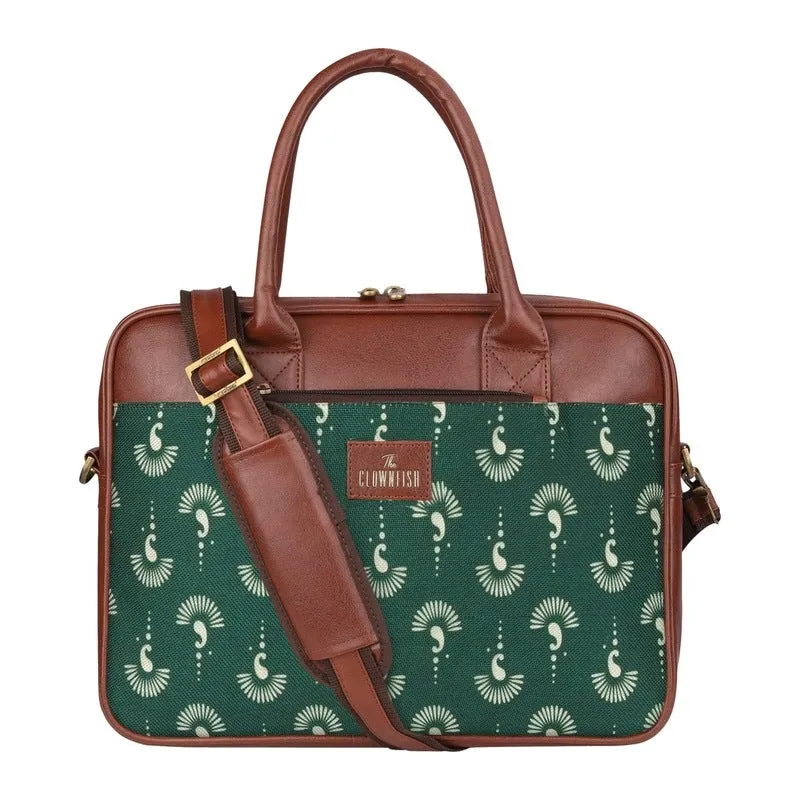 THE CLOWNFISH Deborah series 15.6 inch Laptop Bag For Women Printed Handicraft Fabric & Faux Leather Office Bag Briefcase Messenger Sling Handbag Business Bag (Bottle Green)