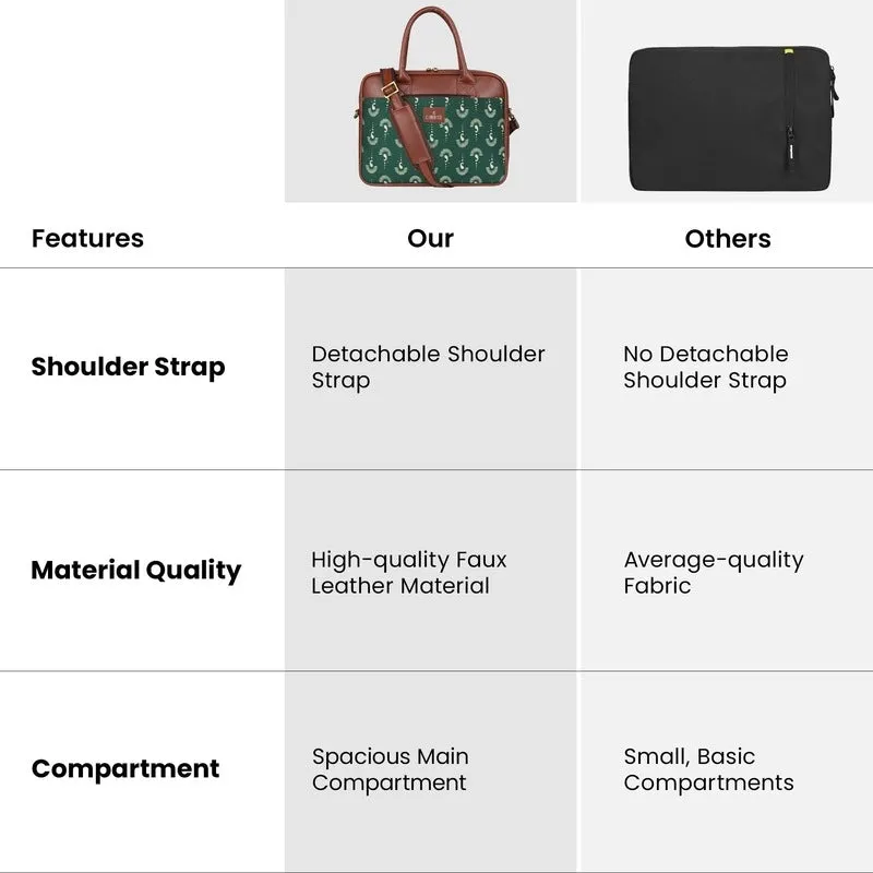 THE CLOWNFISH Deborah series 15.6 inch Laptop Bag For Women Printed Handicraft Fabric & Faux Leather Office Bag Briefcase Messenger Sling Handbag Business Bag (Bottle Green)