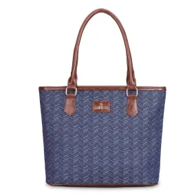 THE CLOWNFISH Justina Tapestry Fabric & Faux Leather Handbag for Women Office Bag Ladies Shoulder Bag Tote For Women College Girls (Blue-Stripes)