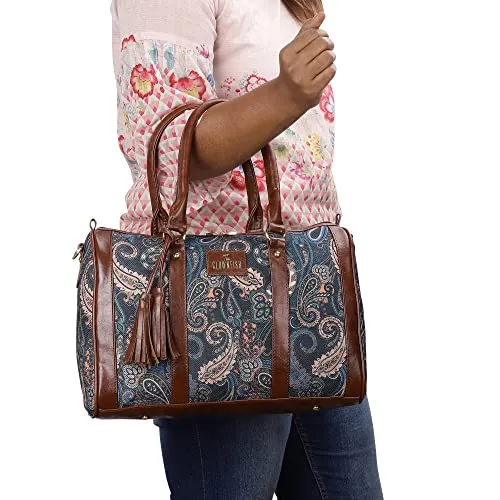 THE CLOWNFISH Lorna Printed Handicraft Fabric & Faux Leather Handbag Sling Bag for Women Office Bag Ladies Shoulder Bag Tote For Women College Girls (Peacock Blue-Floral)