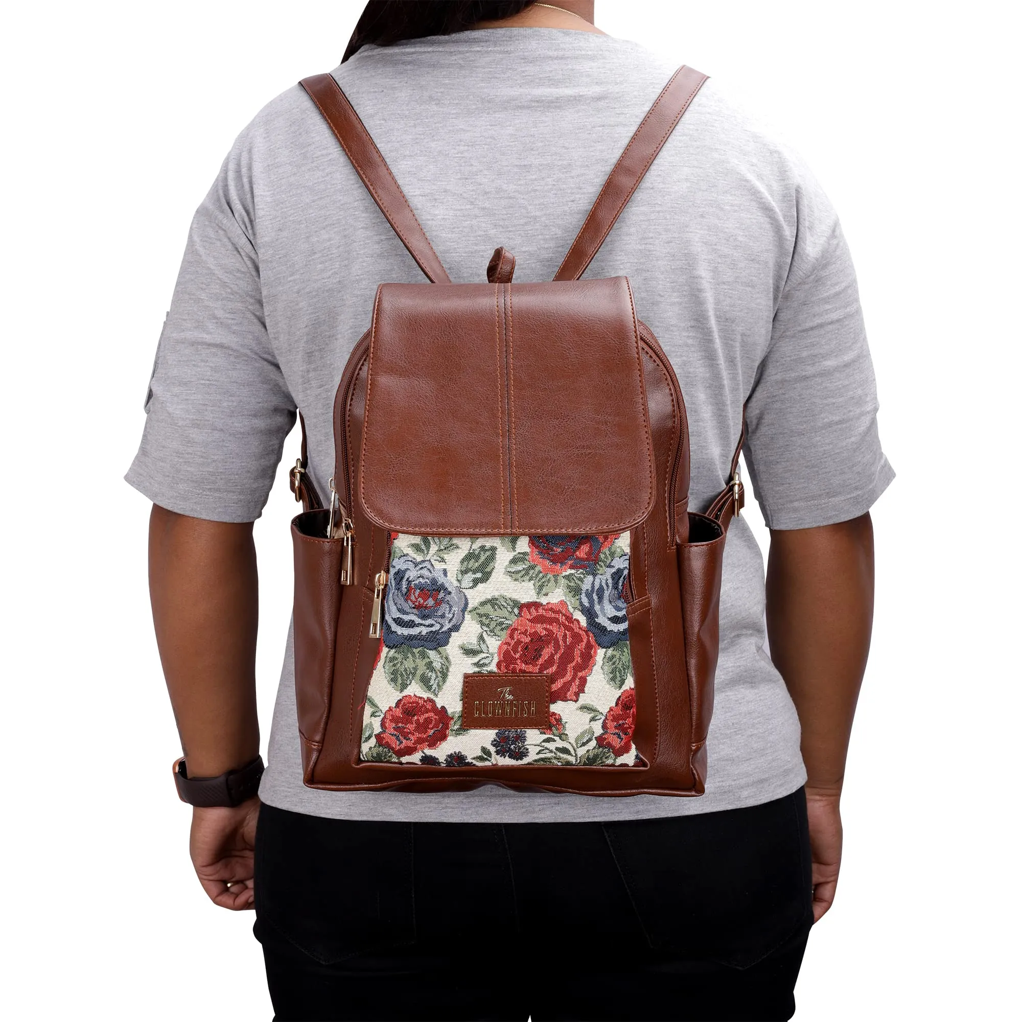 The Clownfish Medium Size Minerva Faux Leather & Tapestry Women'S Backpack College School Bag Casual Travel Backpack For Ladies Girls (Red- Floral)