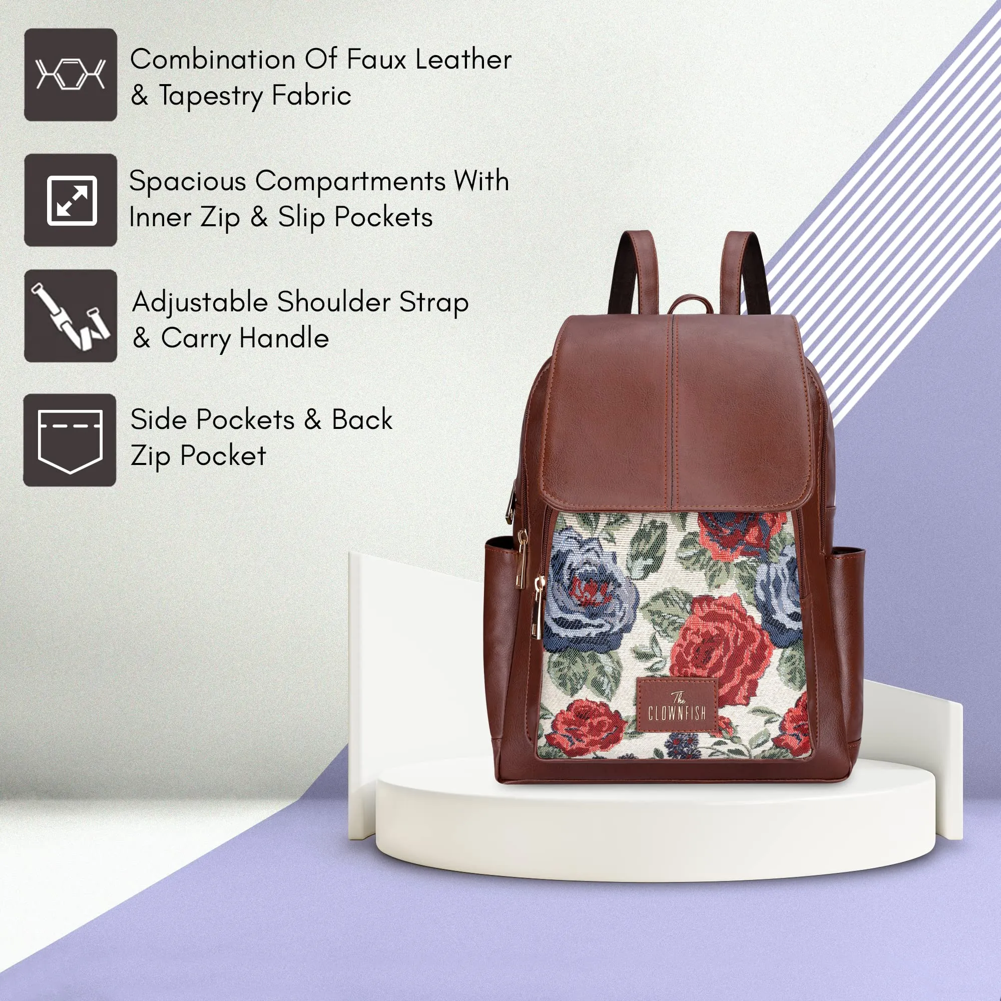 The Clownfish Medium Size Minerva Faux Leather & Tapestry Women'S Backpack College School Bag Casual Travel Backpack For Ladies Girls (Red- Floral)