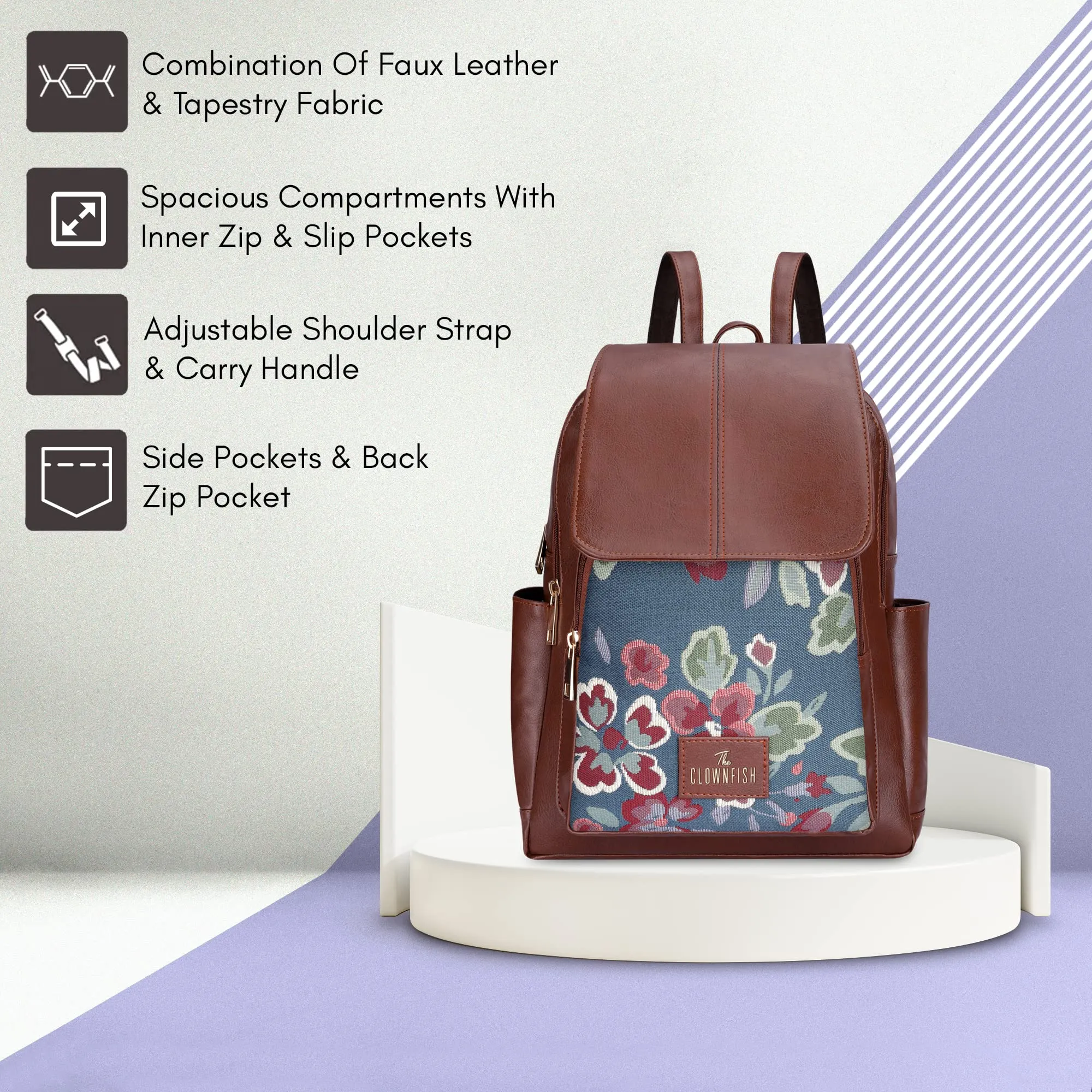 THE CLOWNFISH Minerva Faux Leather & Tapestry Women's Backpack College School Bag Casual Travel Backpack For Ladies Girls (Persian Blue- Floral)