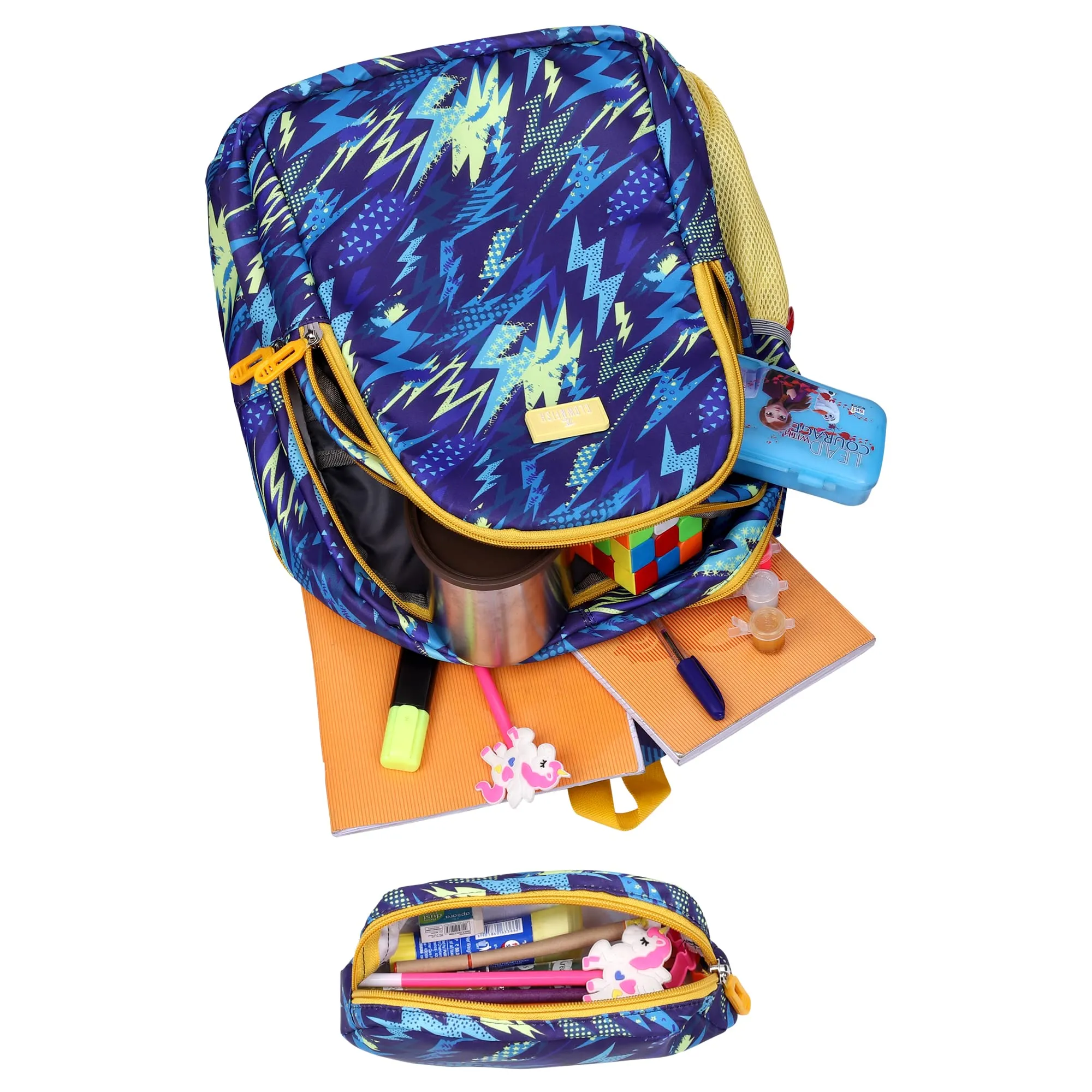 THE CLOWNFISH Scholastic Series Printed Polyester 30 L School Backpack with Pencil/Staionery Pouch School Bag Daypack Picnic Bag For School Going Boys & Girls Age 8-10 years (Lightning Blue)