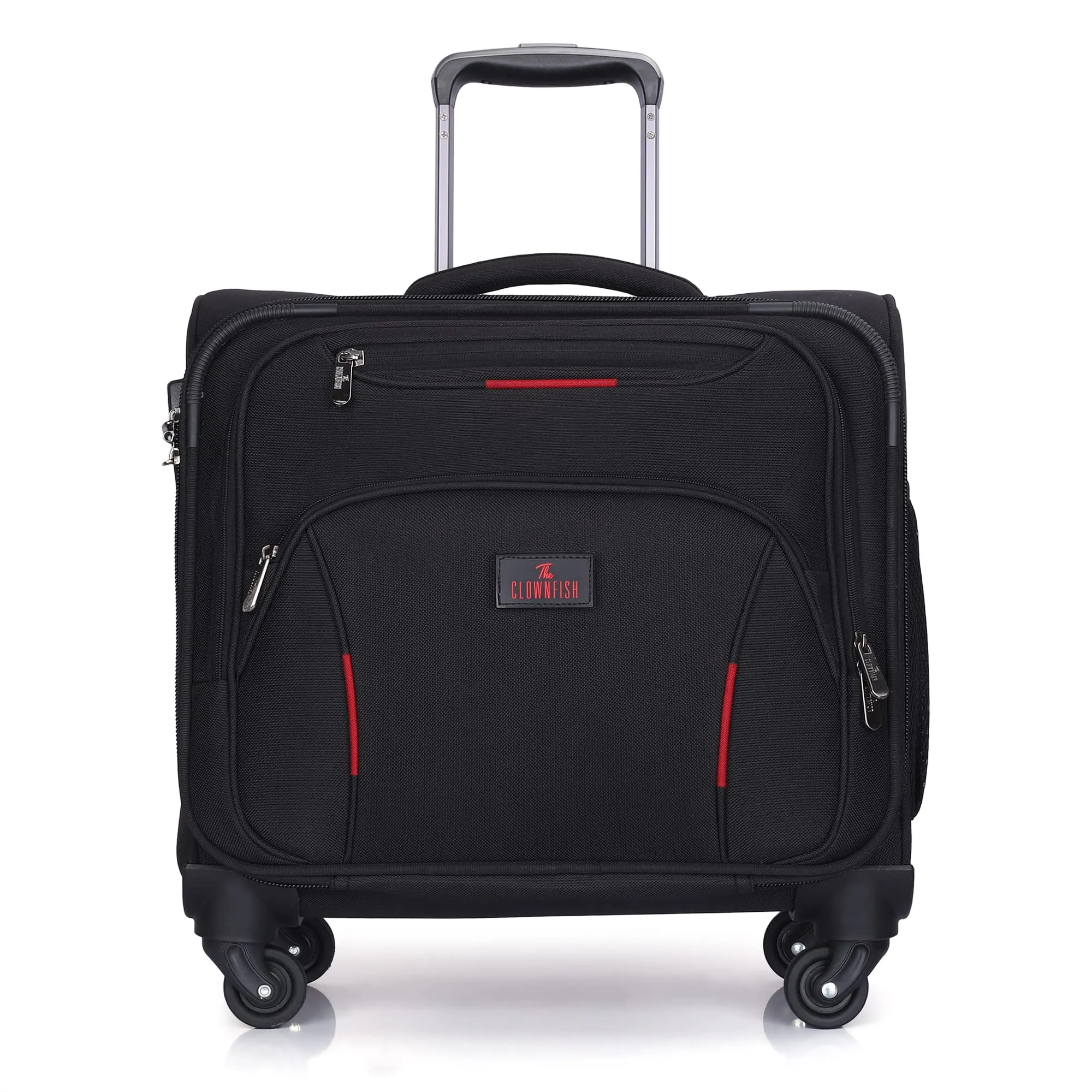 THE CLOWNFISH Trailblazer Series Luggage Polyester Soft Case Four Wheel Suitcase 15.6 inch Laptop Ipad Trolley Bag with TSA Lock - Black (44 cm, 17.3 inch)