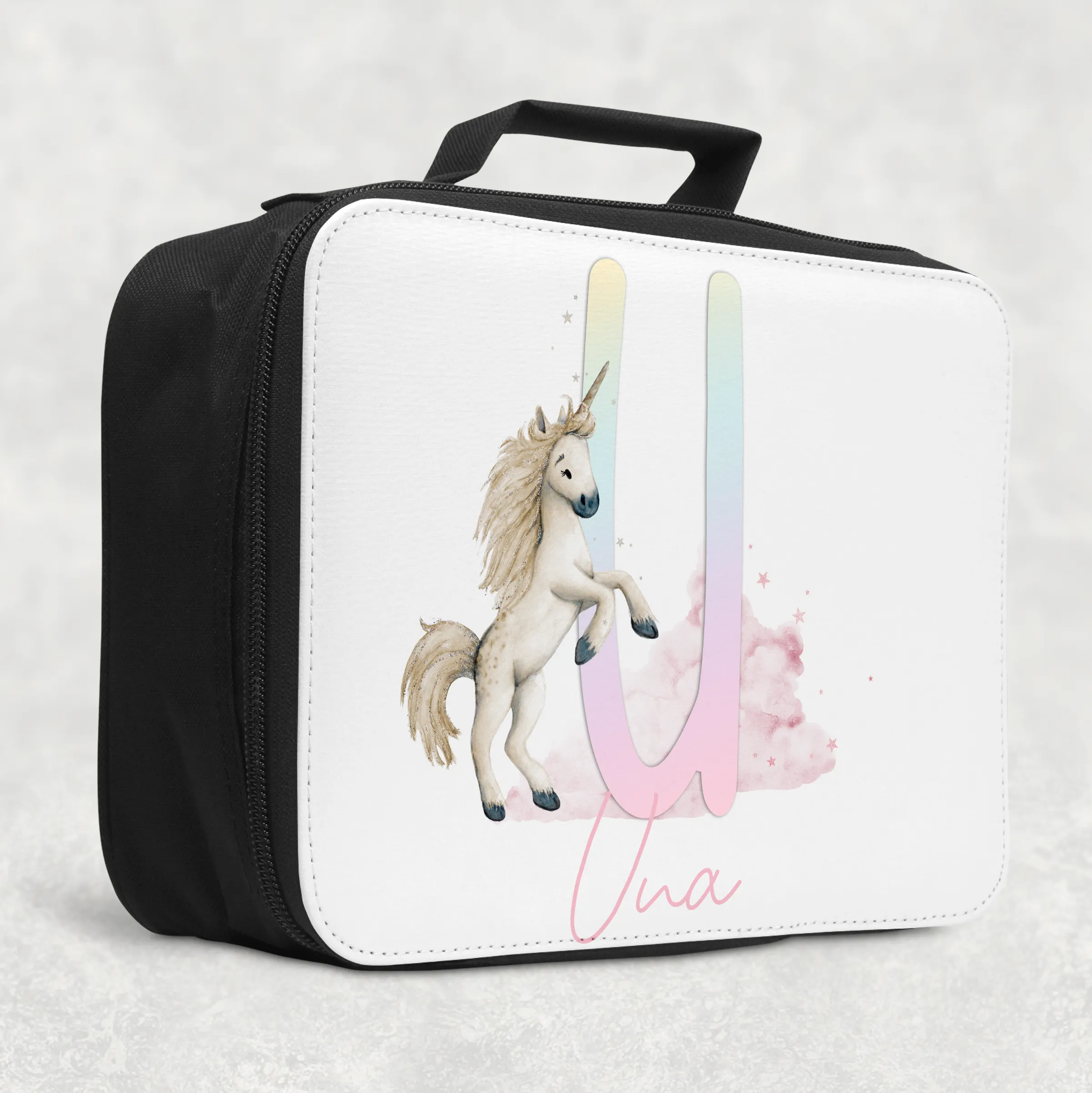 Unicorn Rainbow Alphabet Personalised Insulated Lunch Bag