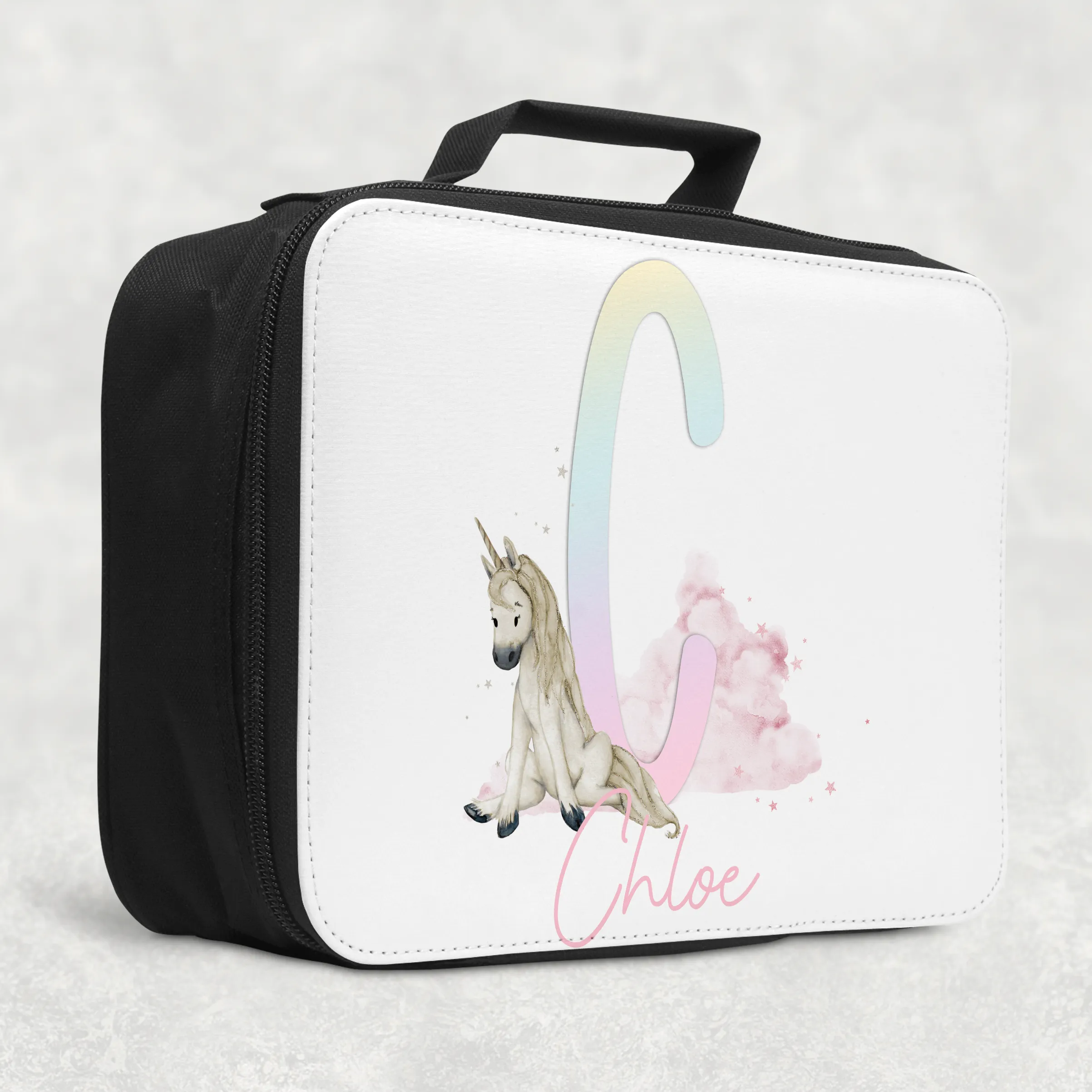 Unicorn Rainbow Alphabet Personalised Insulated Lunch Bag