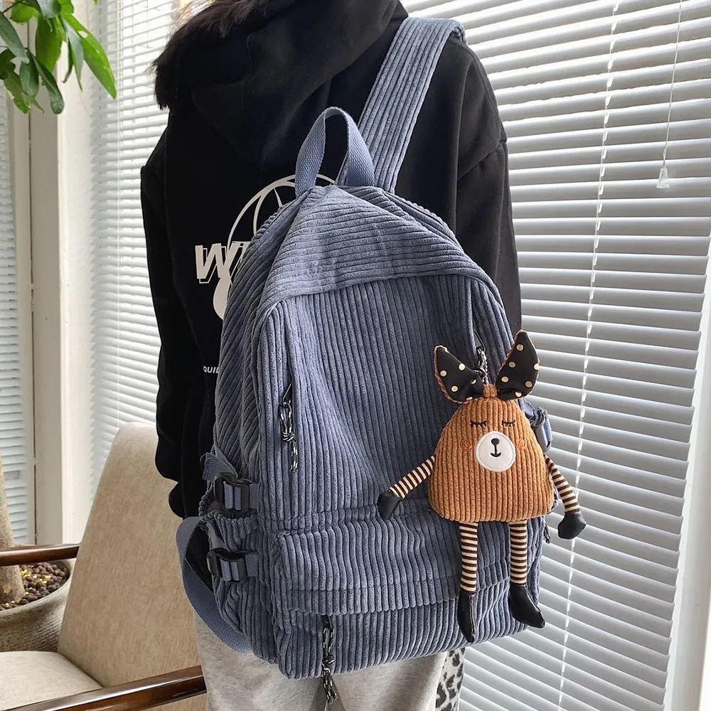 Women Corduroy Backpack Khaki SchoolBag Cute Teenage Girls Harajuku Female Bag Student Kawaii Lady Book Pack New Fashion Mochila