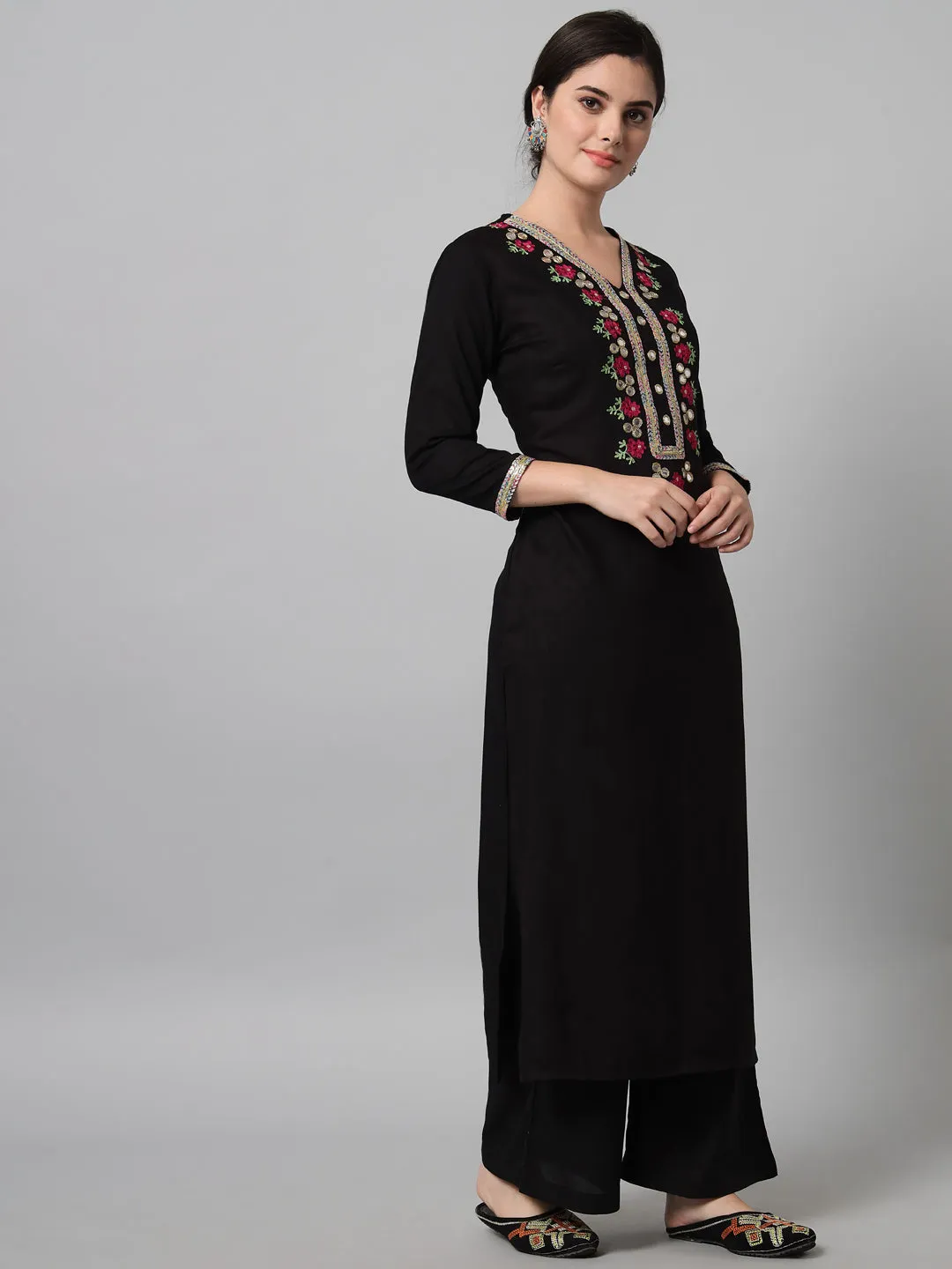 Women Embroidered Black Kurta Palazzo Set